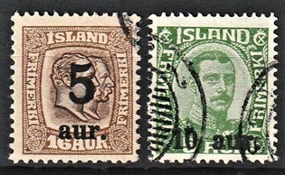 FRIMÆRKER ISLAND | 1921-22 - AFA 105,106 - Provisorier - 5/16 aur + 10/5 aur - Stemplet